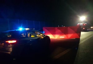 Zdjęcia w nocy, policjanci ubrani w odblaskowe kamizelki przeprowadzają oględziny po wypadku drogowym ze skutkiem śmiertelnym. W okolicy radiowozy z włączonymi sygnałami błyskowymi i parawan oględzinowy z napisem straż.