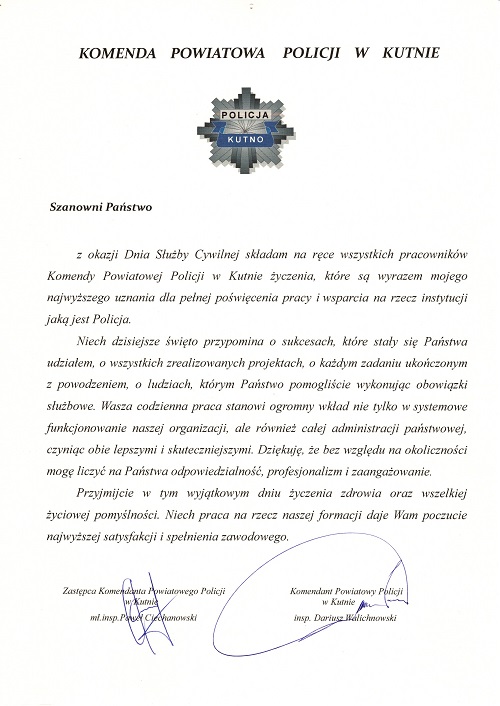 Podzi Kowania I Yczenia Komendanta Powiatowego Policji W Kutnie Z