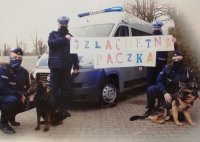 W tle radiowóz policyjny, przed radiowozem stoi dwóch policjantów trzymają baner z kolorowych liter z napisem szlachetna paczka, przed nimi kucają dwaj policjanci oraz siedzą przy nich dwa psy służbowe