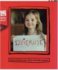 plakat czerwone tło w środku dziewczynka trzymająca kartkę z napisem Dziękuję