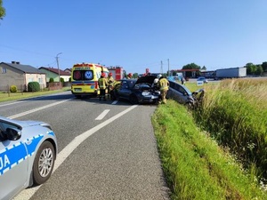policjanci wraz z załogą ratowników medycznych i strażą pożarną zabezpieczają miejsce zdarzenia.