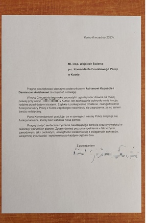 podziekowania od mieszkańca Kutna dla funkcjonariuszy.