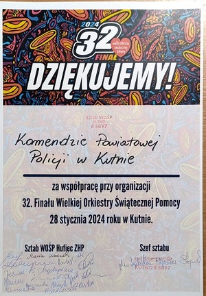 podziękowania dla Komendy Powiatowej Policji w Kutnie ze Sztabu Wielkiej Orkiestry Świątecznej Pomocy w Kutnie.