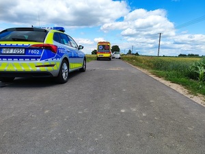 policjanci wykonujący czynności na miejscu wypadku drogowego.