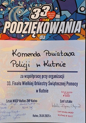 podziękowanie od kutnowskiego Sztabu Wielkiej Orkiestry Świątecznej Pomocy