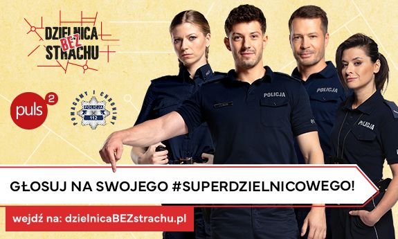 Plakat plebiscytu dzielnica bez strachu, dwóch policjantów i dwie policjantki.