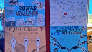 plakaty/prace wykonane przez młodzież I Liceum imienia Staszica dotyczące konsekwencji uzależnień.