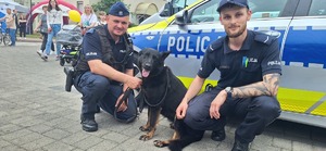 Policjanci z psem na tle radiowozu.