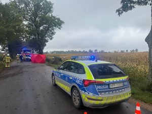 radiowóz policyjny oraz wóz strażacki zabezpieczający miejsce wypadku.