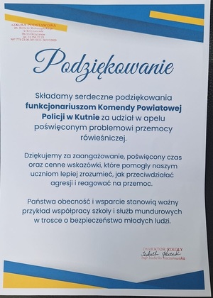 podziękowanie za przeprowadzone prelekcje ze szkoły podstawowej w Krzyżanowie.