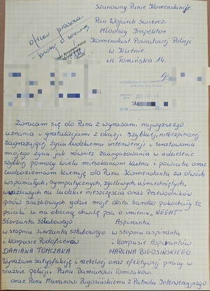 list z podziękowaniami skierowany do Komendanta Powiatowego Policji w Kutnie.