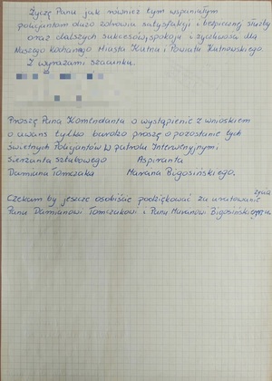 list z podziękowaniami skierowany do Komendanta Powiatowego Policji w Kutnie.