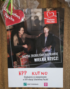 podziękowanie dla Komendy Powiatowej Policji w Kutnie za udział w Szlachetnej Paczce.