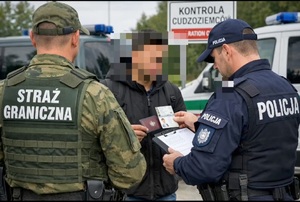 funkcjonariusz policji oraz straży granicznej podczas sprawdzania obcokrajowca.