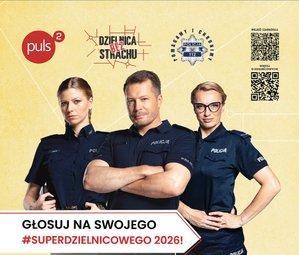 Plakat kampanii społecznej pod tytułem Dzielnica bez strachu. Na plakacie widoczni są policjanci.