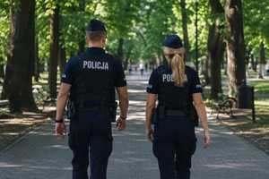 Policjanci w służbie obchodowej idą aleja parkową.