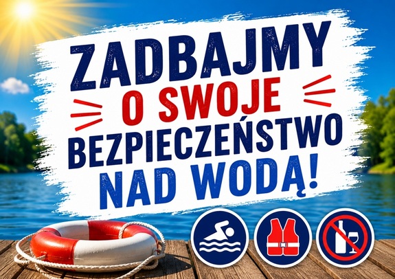 plakat dotyczący upałów i bezpieczeństwa nad wodą.