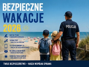Policjant z dziećmi stoi na plaży.
