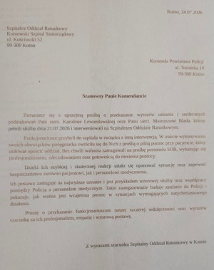 zdjęcie listu nadesłanego przez Szpitalny Oddział Ratunkowy w Kutnie.