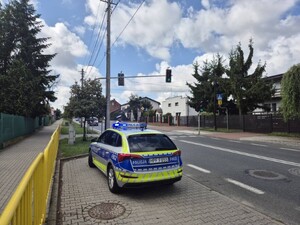 Policjanci podczas sprawdzania oznakowania.